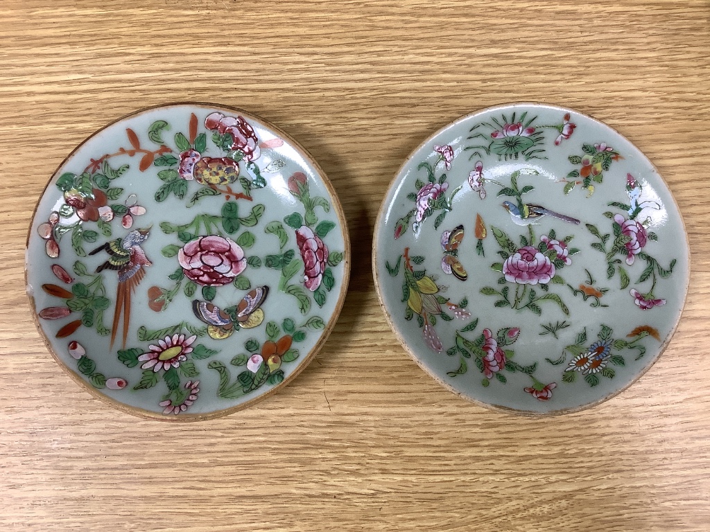 Two Chinese blue and white dishes, a famille rose vase and two Cantonese dishes, largest 23cm